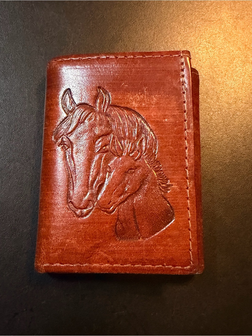 Western Express Horse Embossed Antique Brown Leather Trifold Wallet